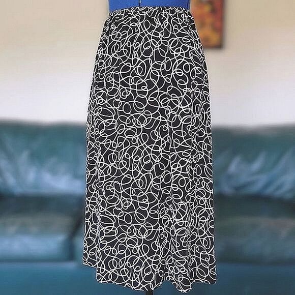 Vtg black and white scribble print summer midi skirt - Picture 2 of 15